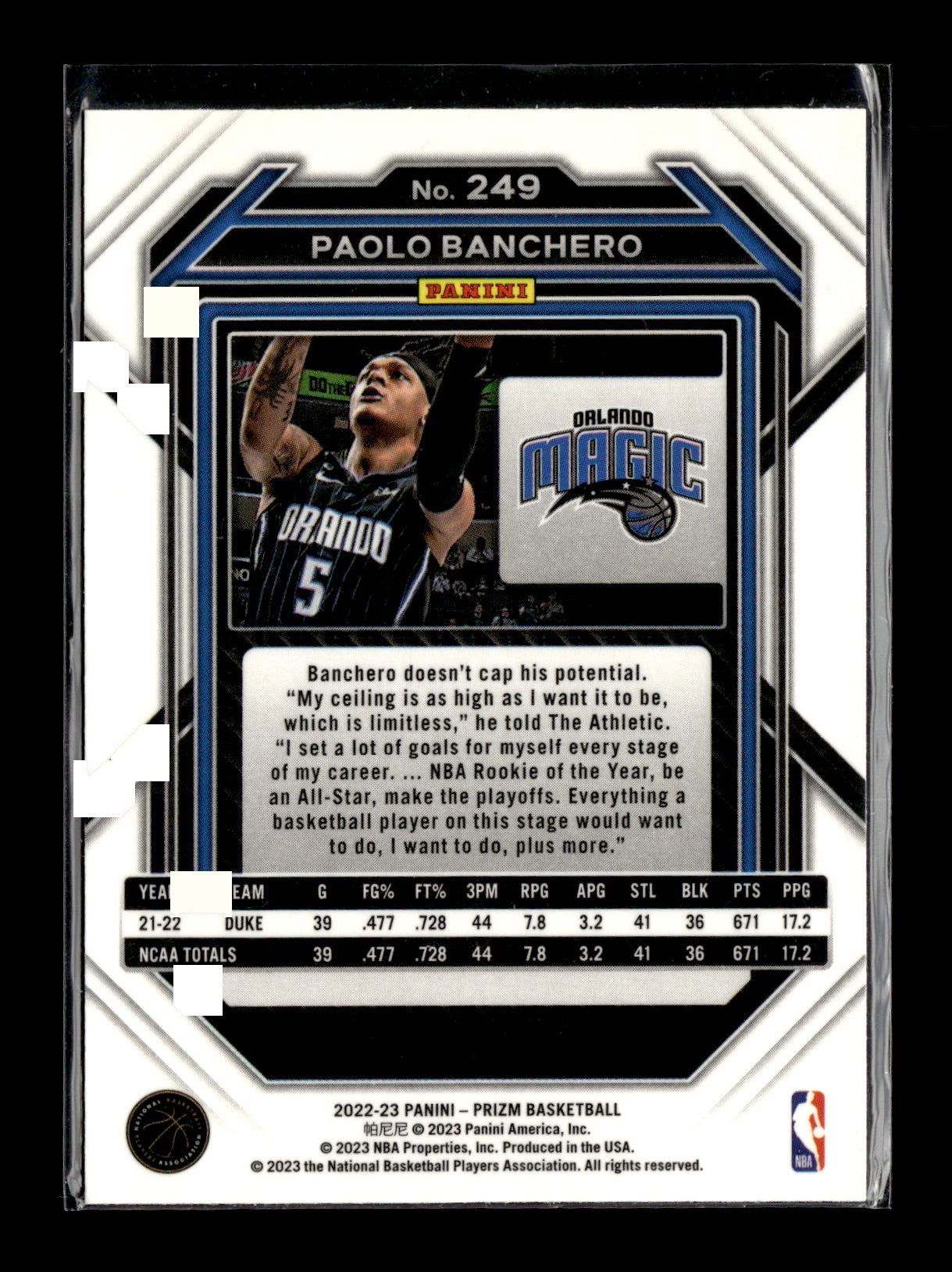 2022-23 Panini Prizm Paolo Banchero #249 Orlando Magic