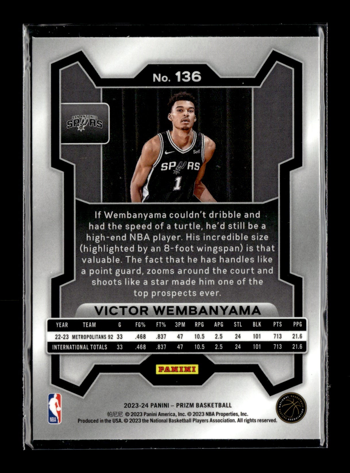 2023-24 Panini Prizm Victor Wembanyama #136 Prizms Black #/1 San Antonio Spurs