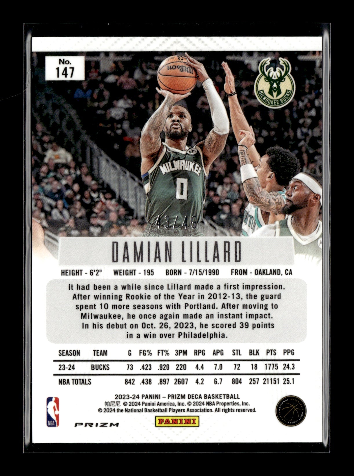 2023-24 Panini Prizm Deca Damian Lillard #147 Prizms Orange #/49 Milwaukee Bucks