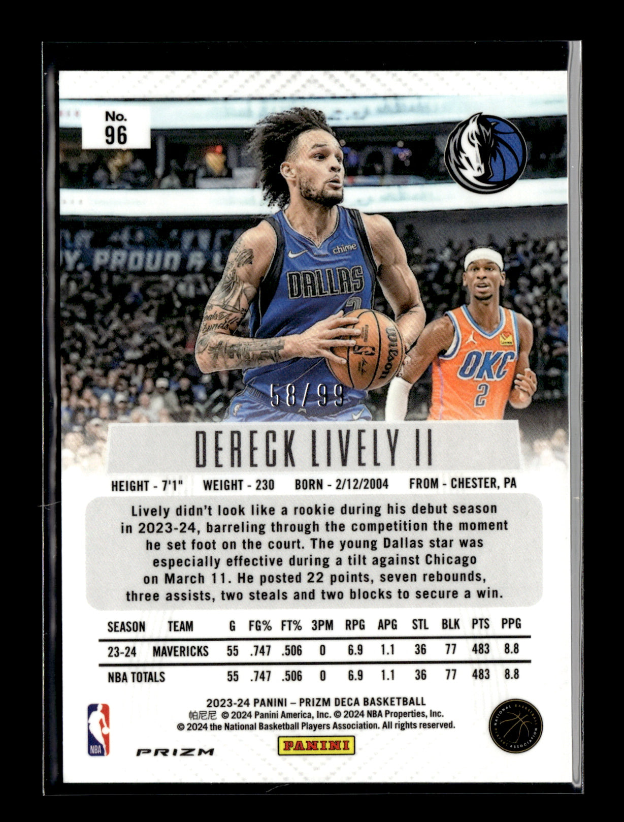 2023-24 Panini Prizm Deca Dereck Lively II #96 Prizms Purple #/99 Dallas Mavericks