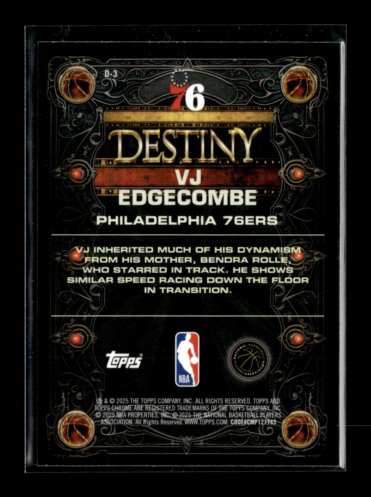 2025-26 Topps Chrome VJ Edgecombe #D-3 Destiny Philadelphia 76ers