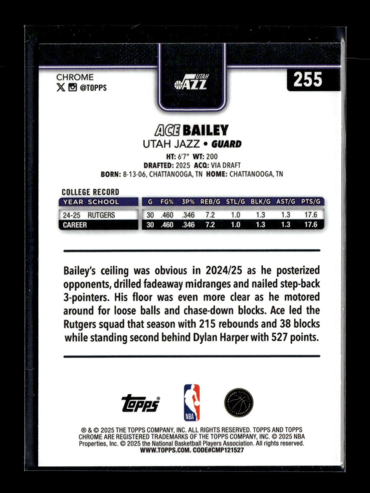 2025-26 Topps Chrome Ace Bailey #255 X-Fractor Utah Jazz