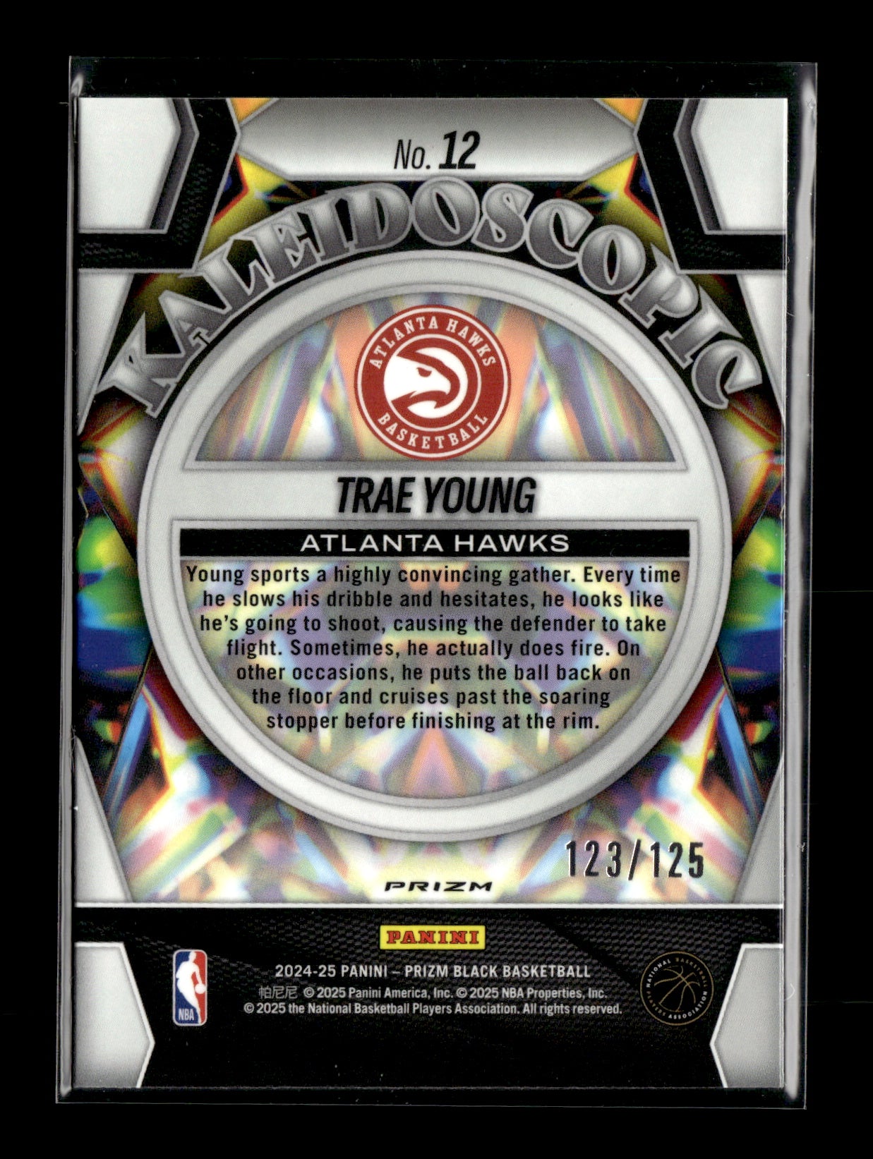 2024-25 Panini Prizm Black Trae Young #12 Kaleidoscopic Prizms Blue Ice #/125 Atlanta Hawks