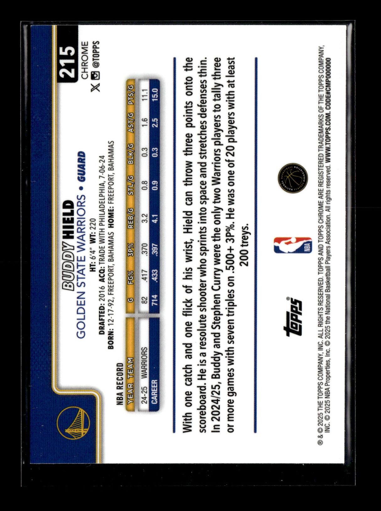 2025-26 Topps Chrome Buddy Hield #215 Golden State Warriors