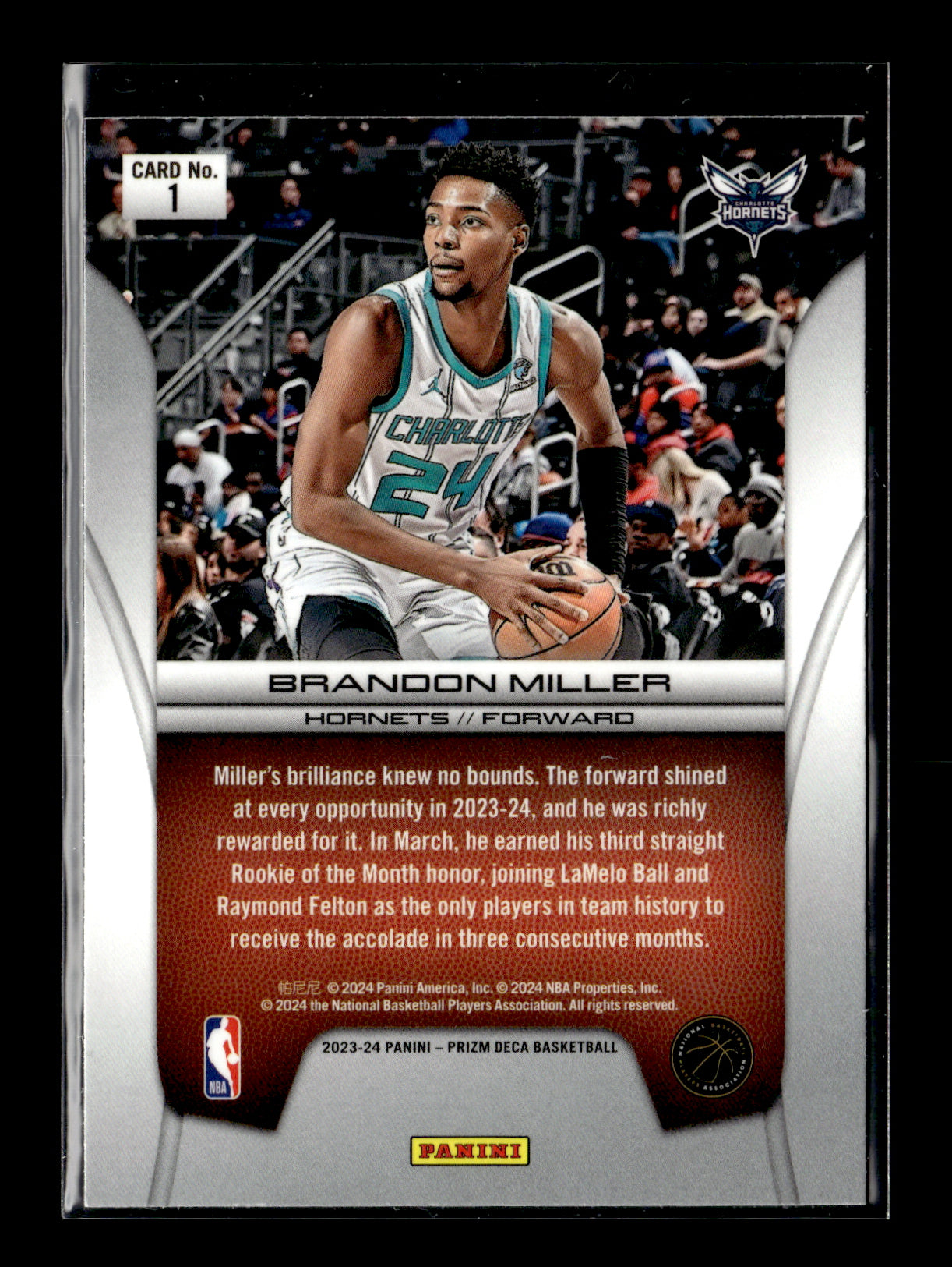 2023-24 Panini Prizm Deca Brandon Miller #1 Brilliance Charlotte Hornets