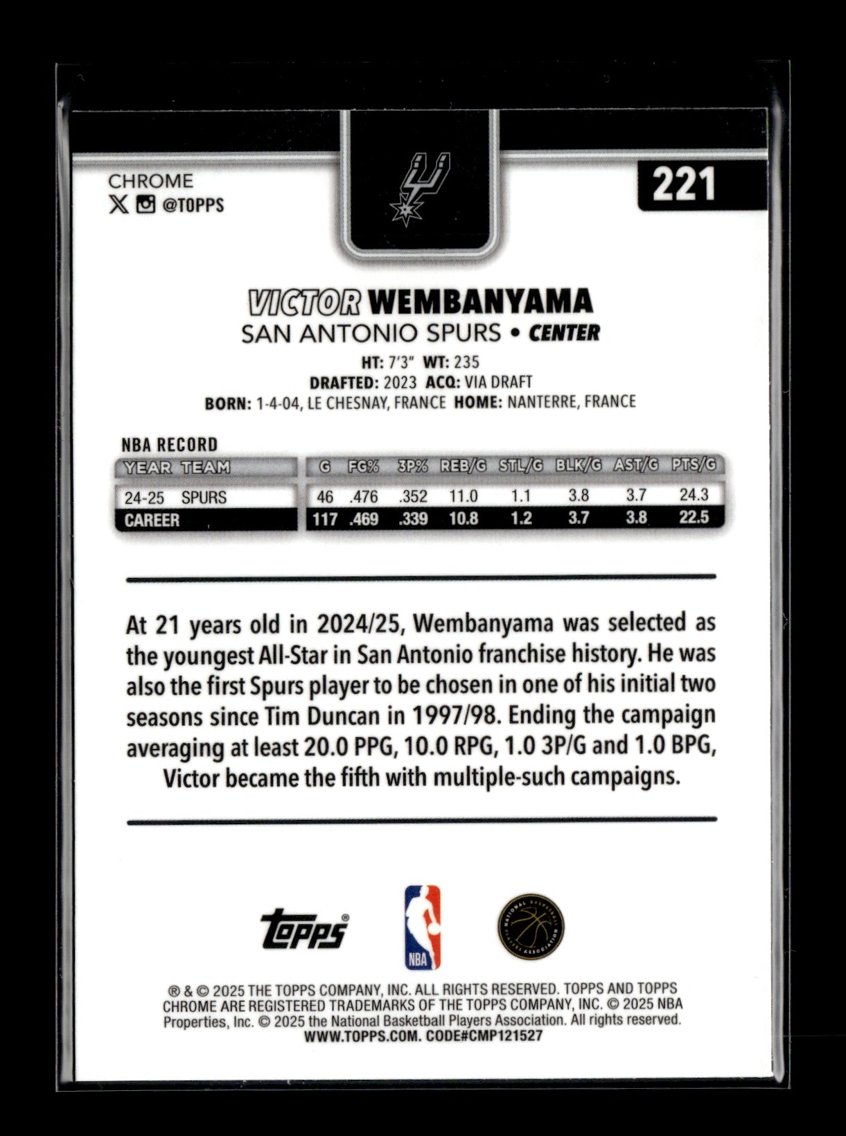 2025-26 Topps Chrome Victor Wembanyama #221 X-Fractor San Antonio Spurs