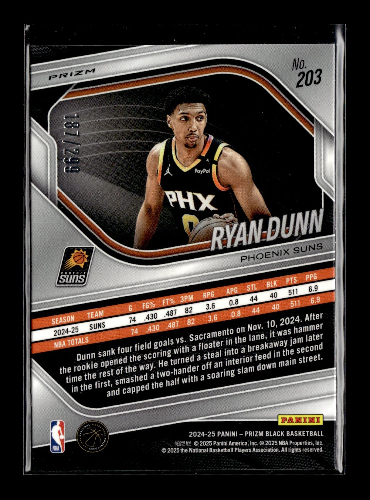 2024-25 Panini Prizm Black Ryan Dunn #203 Red #/299 Phoenix Suns