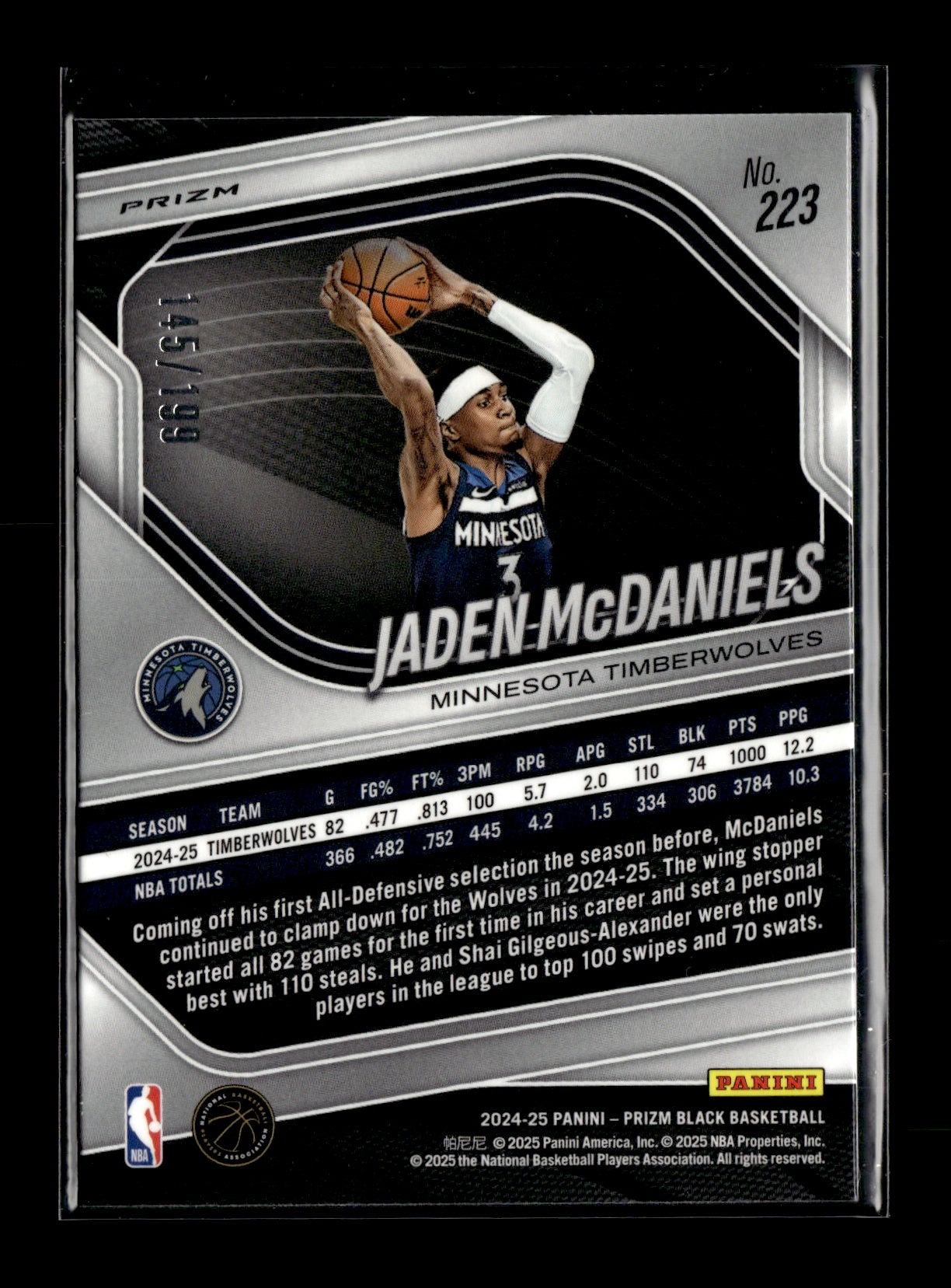 2024-25 Panini Prizm Black Jaden McDaniels #223 Blue #/199 Minnesota Timberwolves
