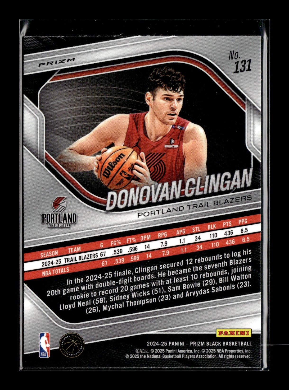 2024-25 Panini Prizm Black Donovan Clingan #131 Silver Portland Trail Blazers