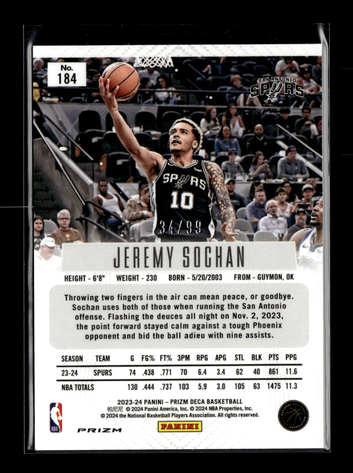 2023-24 Panini Prizm Deca Jeremy Sochan #184 Prizms Purple #/99 San Antonio Spurs