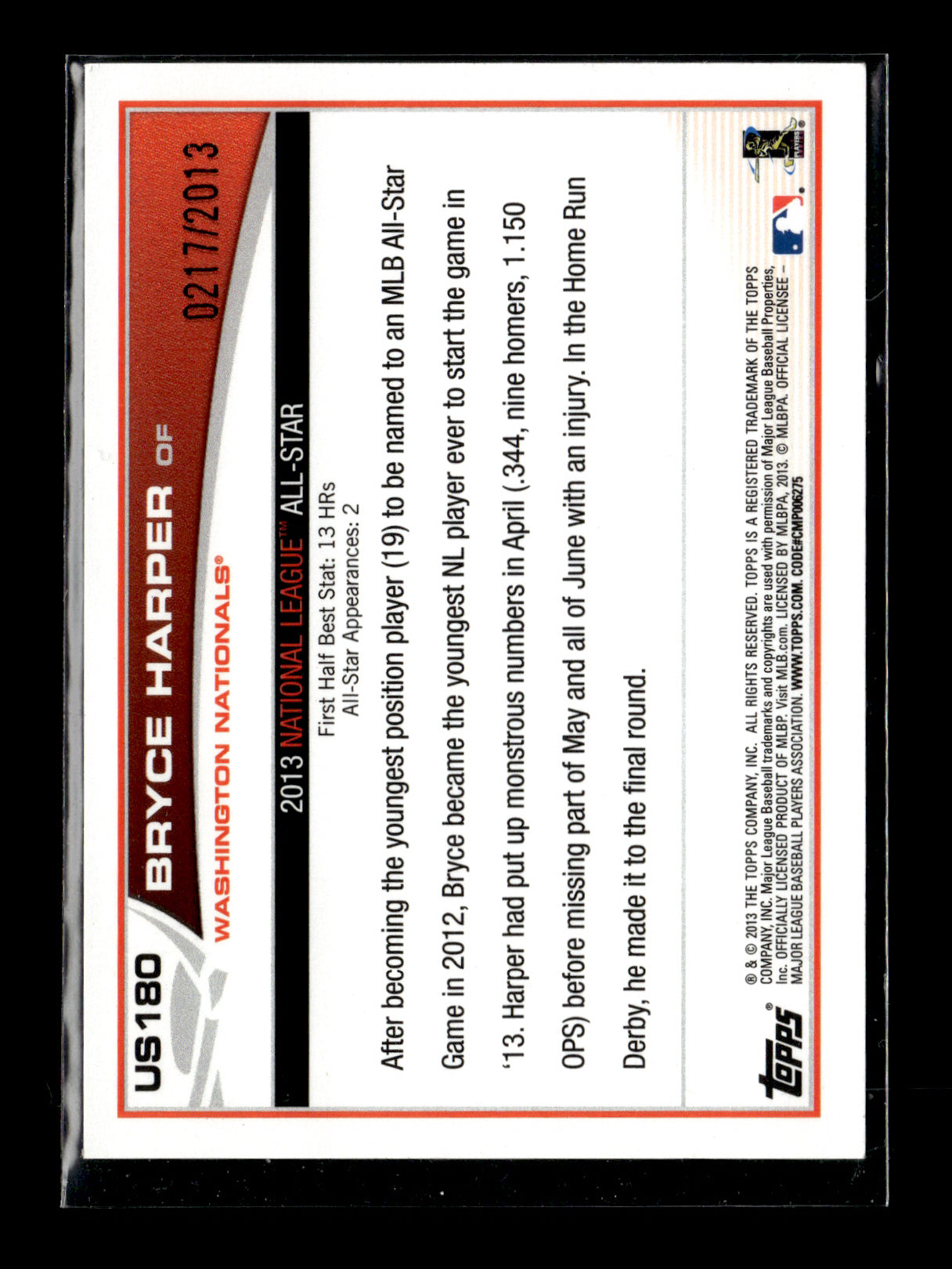 2013 Topps Update Bryce Harper #US180 Gold #/2013 Washington Nationals