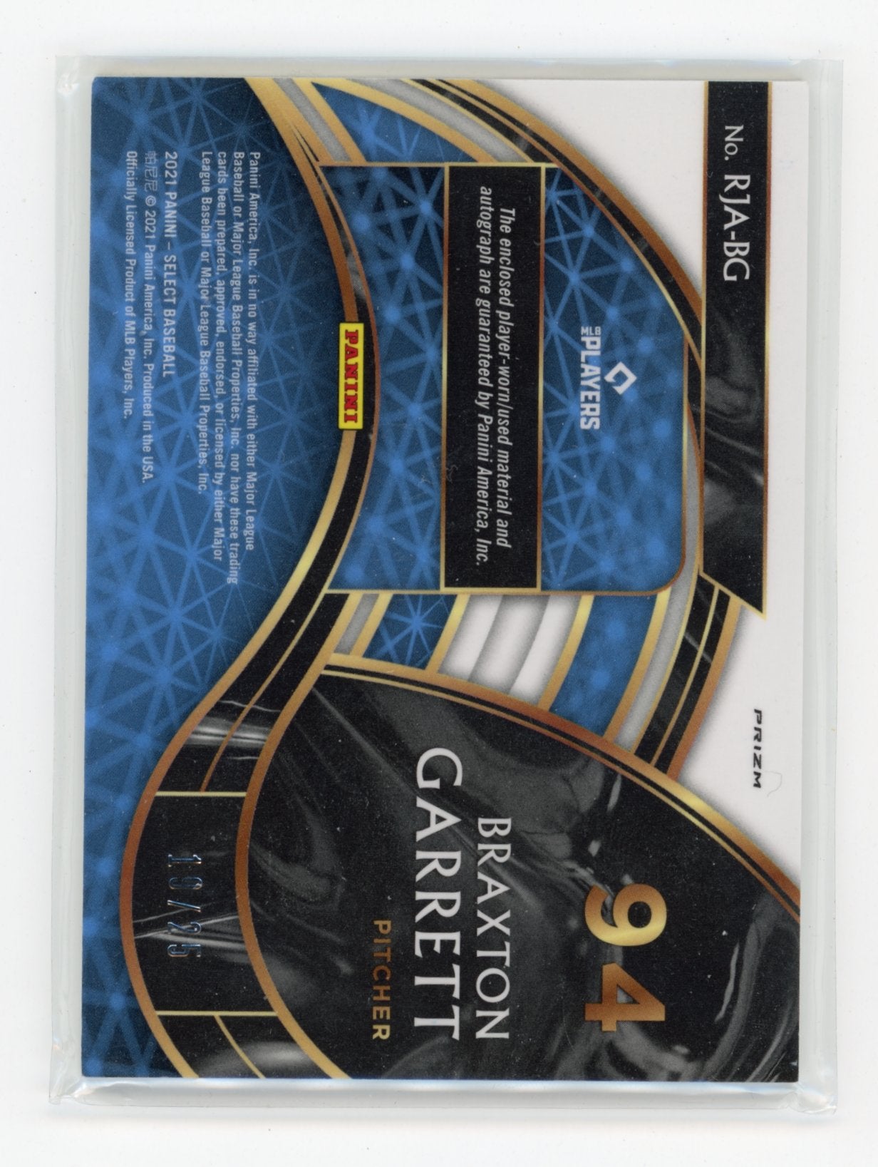 2021 Panini Select Braxton Garrett #RJA-BG Rookie Jersey Autographs Cracked Ice #/25 Miami Marlins