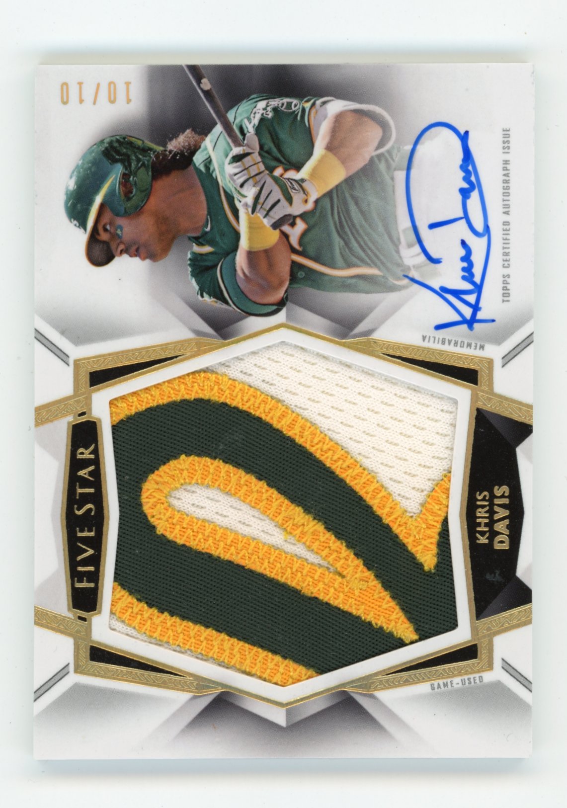 2019 Topps Five Star Khris Davis #AJP-KD Five Star Autographed Jumbo Patch Gold #/10 Oakland Athletics