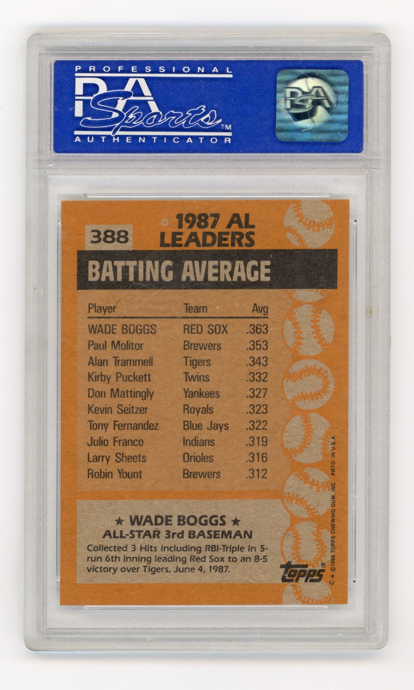 1988 Topps Wade Boggs #388 Boston Red Sox