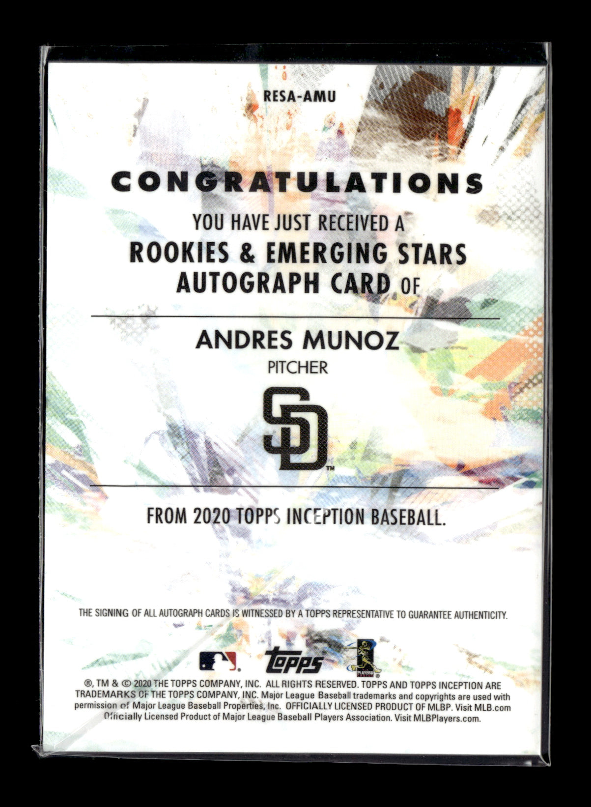 2020 Topps Inception Andres Munoz #RESA-AMU Rookies & Emerging Stars Autographs #/245 San Diego Padres