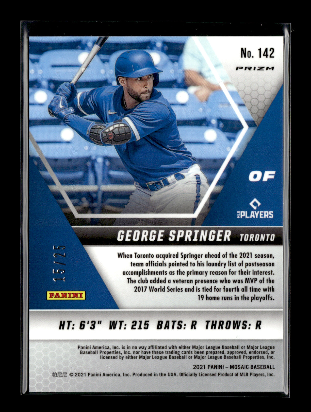 2021 Panini Mosaic George Springer #142 White #/25 Toronto Blue Jays