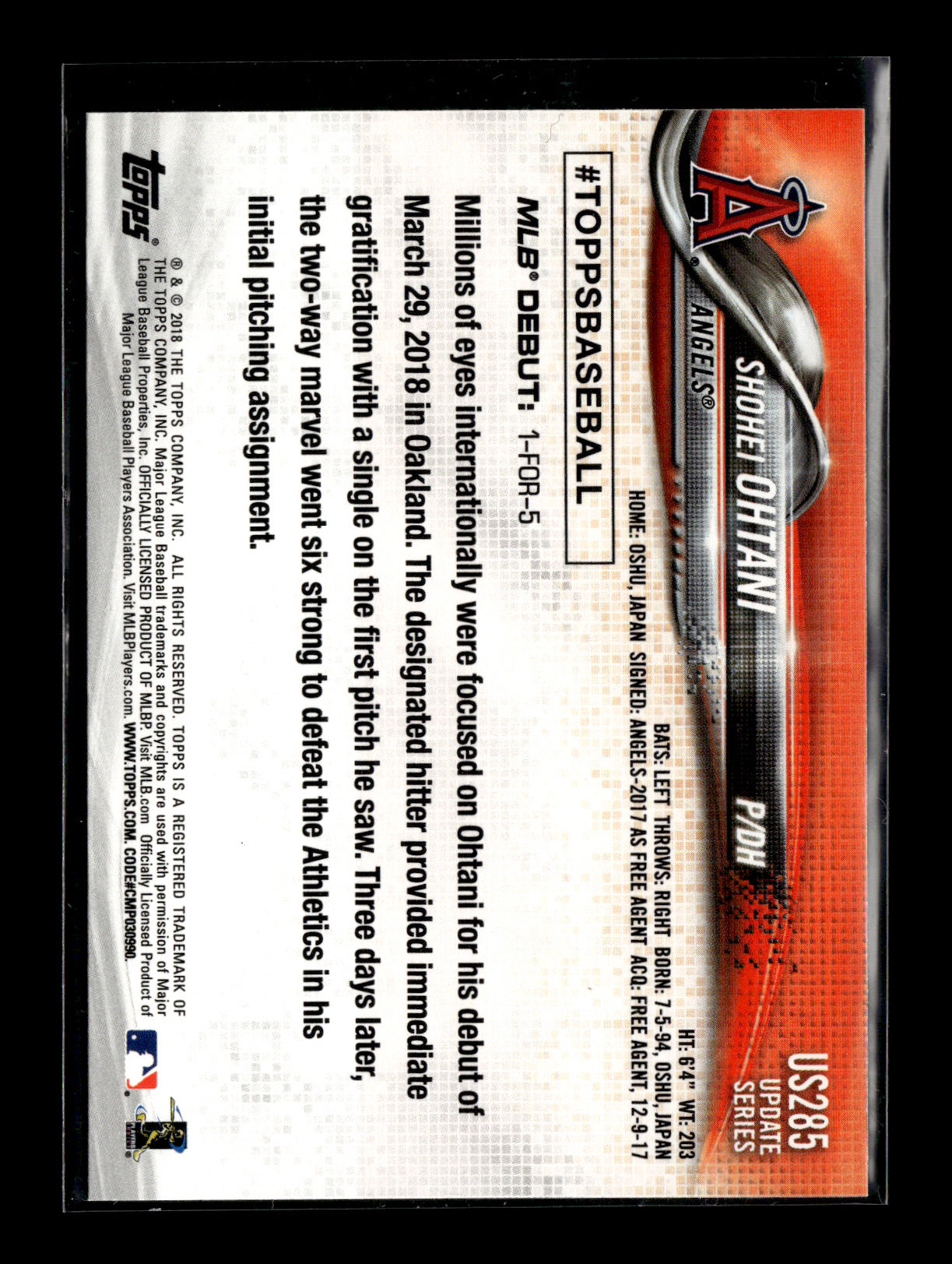 2018 Topps Update Shohei Ohtani #US285 Los Angeles Angels