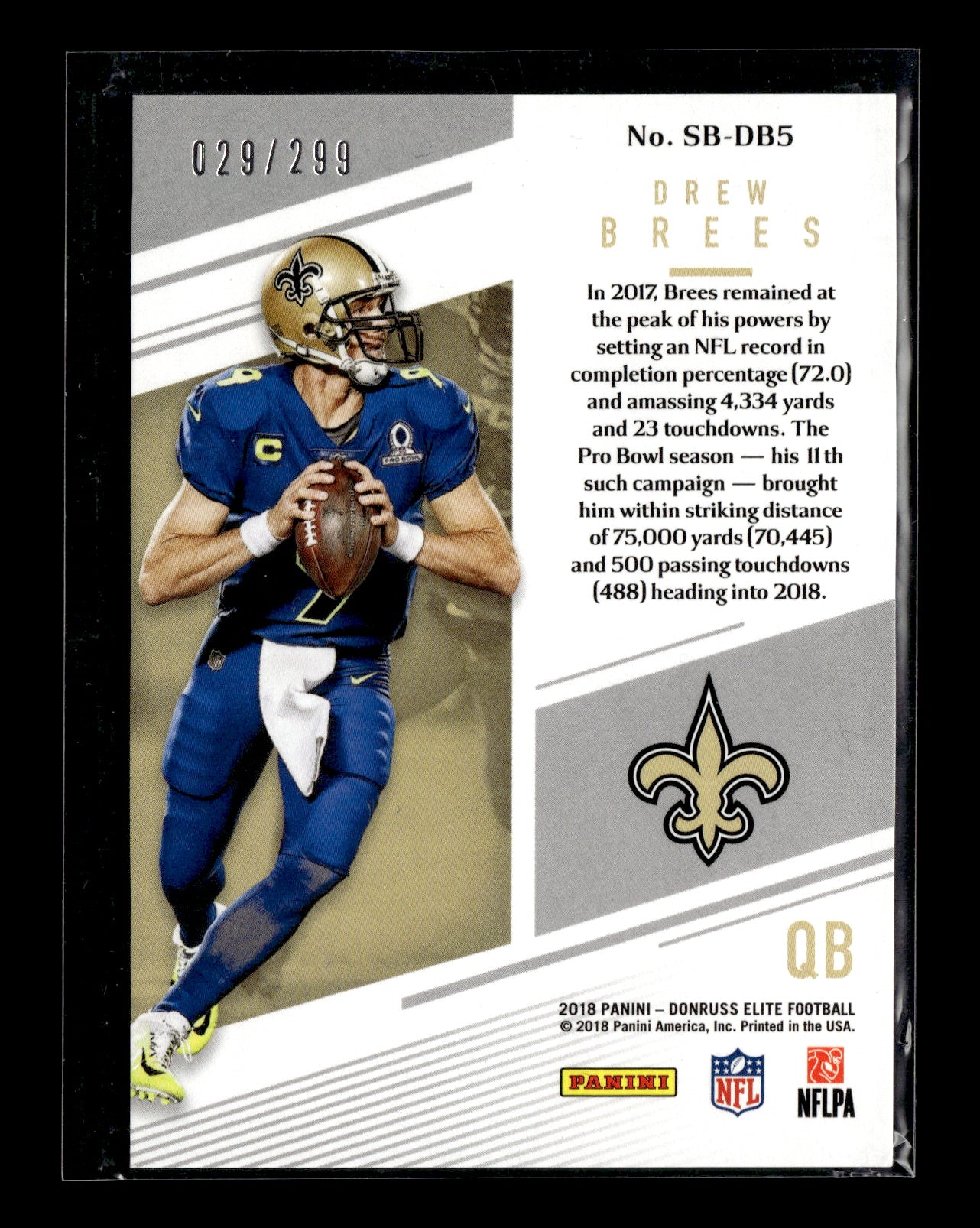 2018 Donruss Elite Drew Brees #SB-DB5 Spellbound #/299 New Orleans Saints