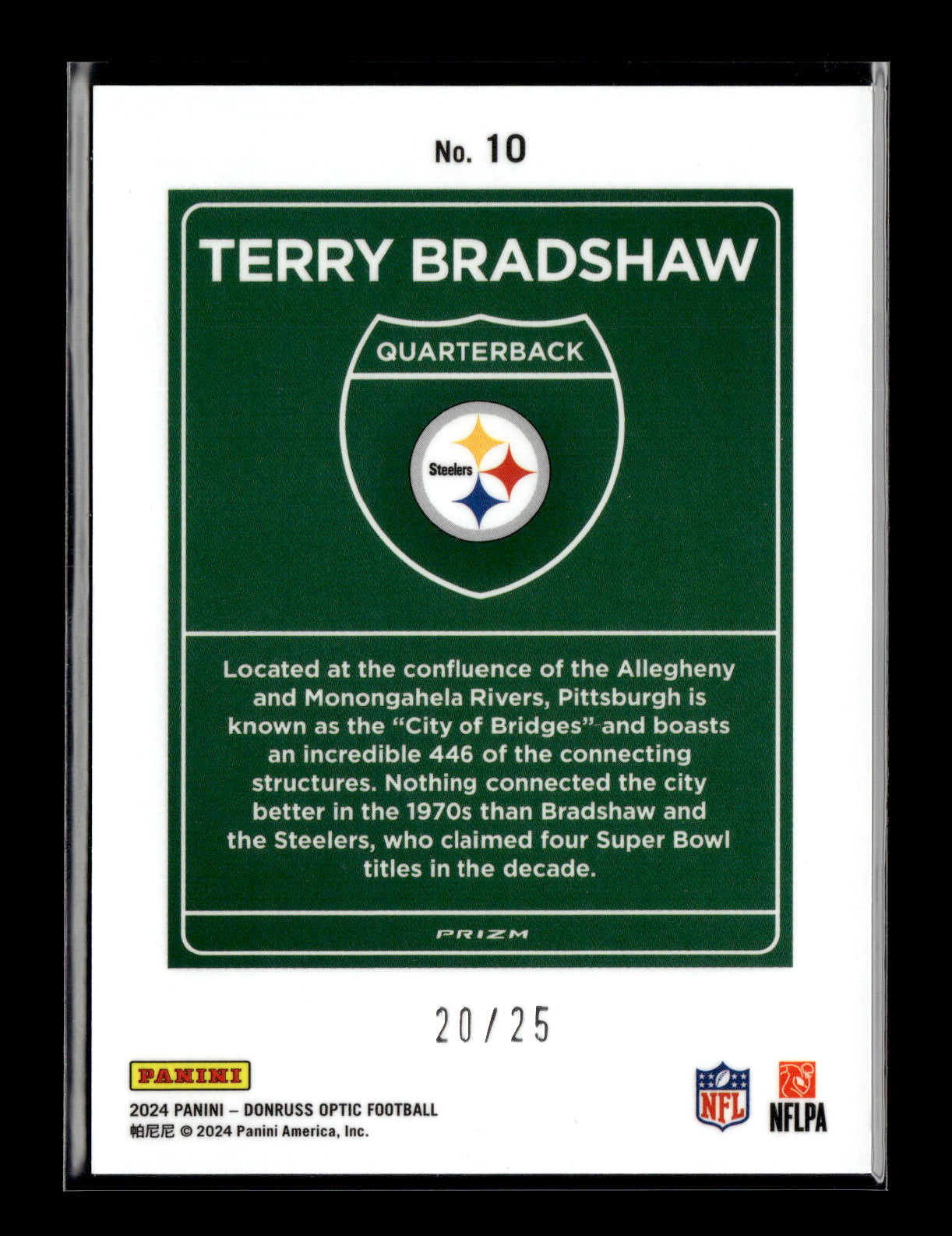 2024 Donruss Optic Terry Bradshaw #10 Downtown Black Pandora #/25 Pittsburgh Steelers