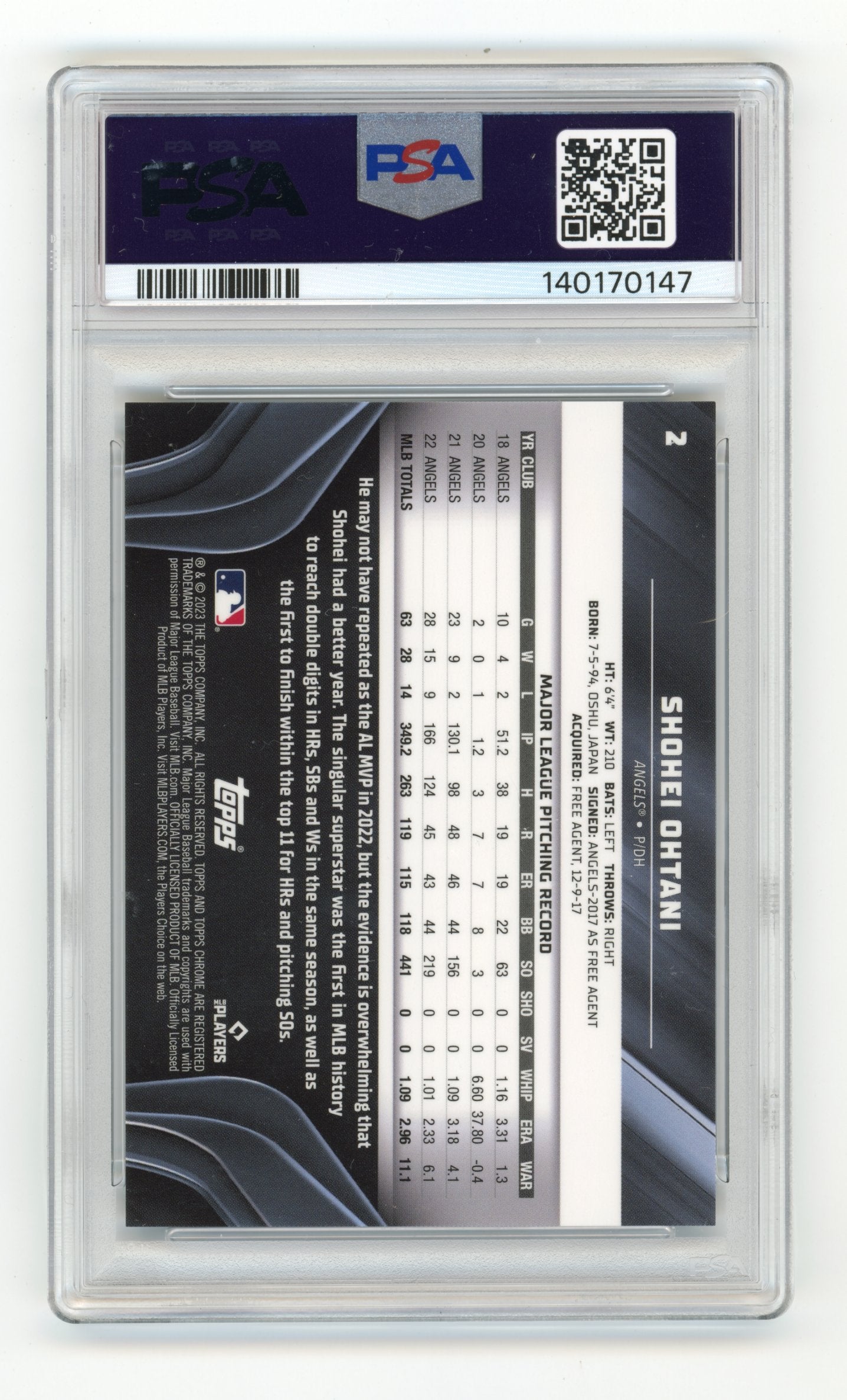 2023 Topps Chrome Black Shohei Ohtani #2 Blue Lava Refractor #/75 Los Angeles Angels