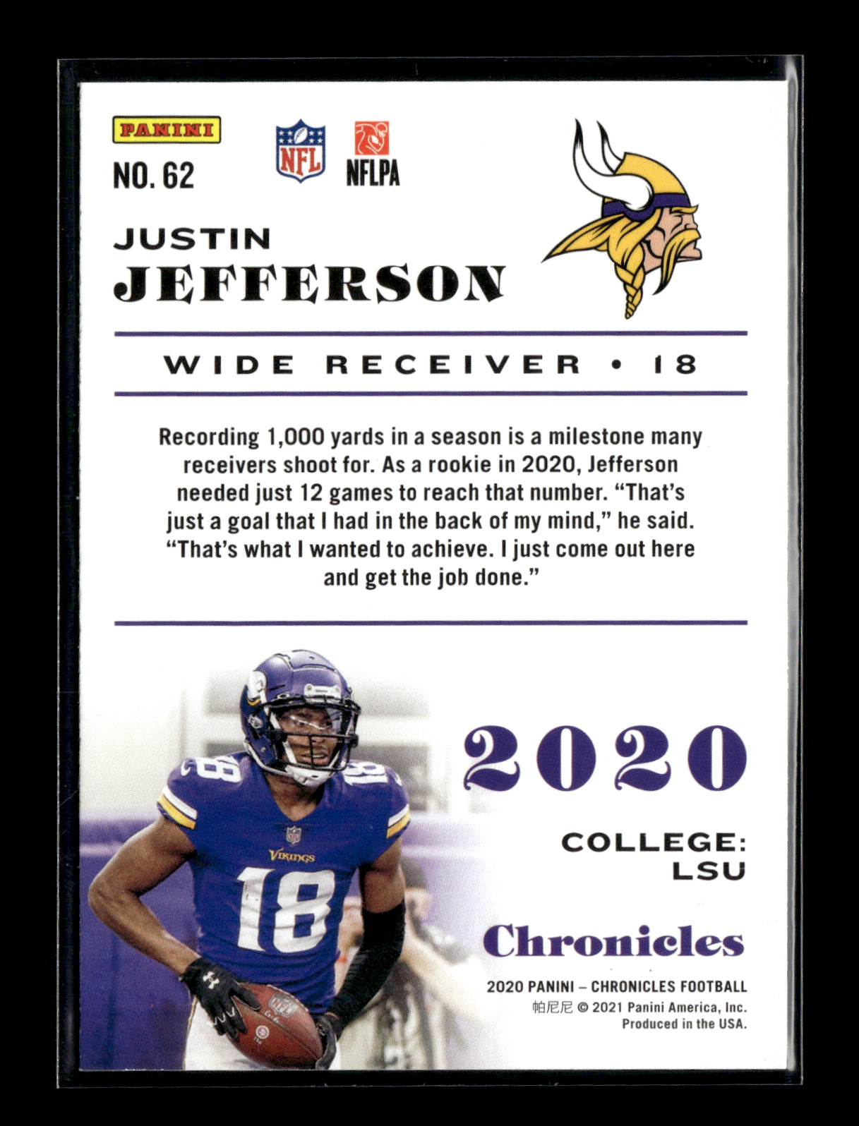 2020 Panini Chronicles Justin Jefferson #62 Minnesota Vikings