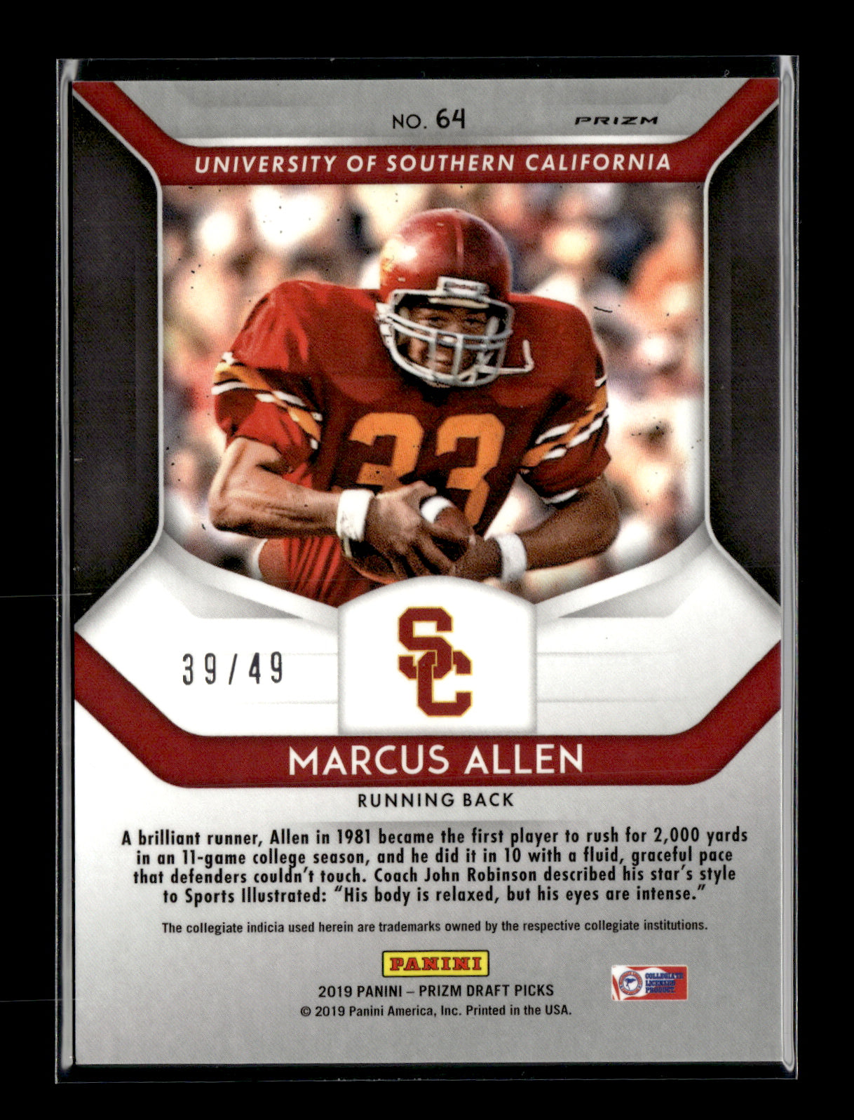 2019 Panini Prizm Draft Picks Marcus Allen #64 Prizms Mojo #/49 USC Trojans