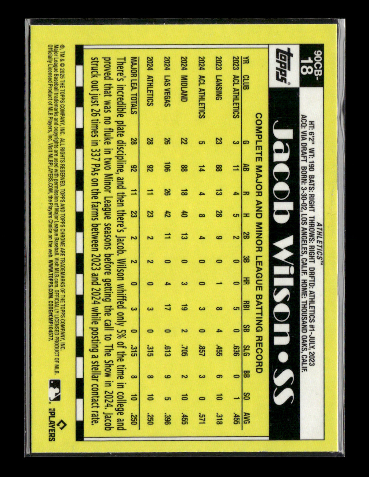 2025 Topps Chrome Jacob Wilson #90CB-18 1990 Topps Baseball 35th Anniversary Athletics
