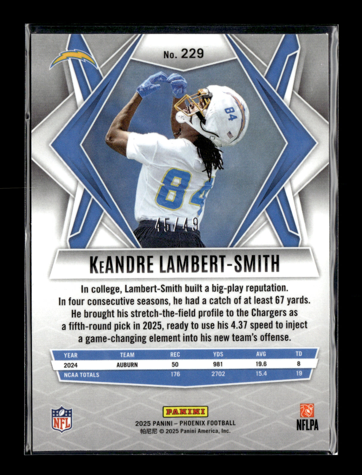 2025 Panini Phoenix KeAndre Lambert-Smith #229 Purple Seismic Prizm #/49 Los Angeles Chargers