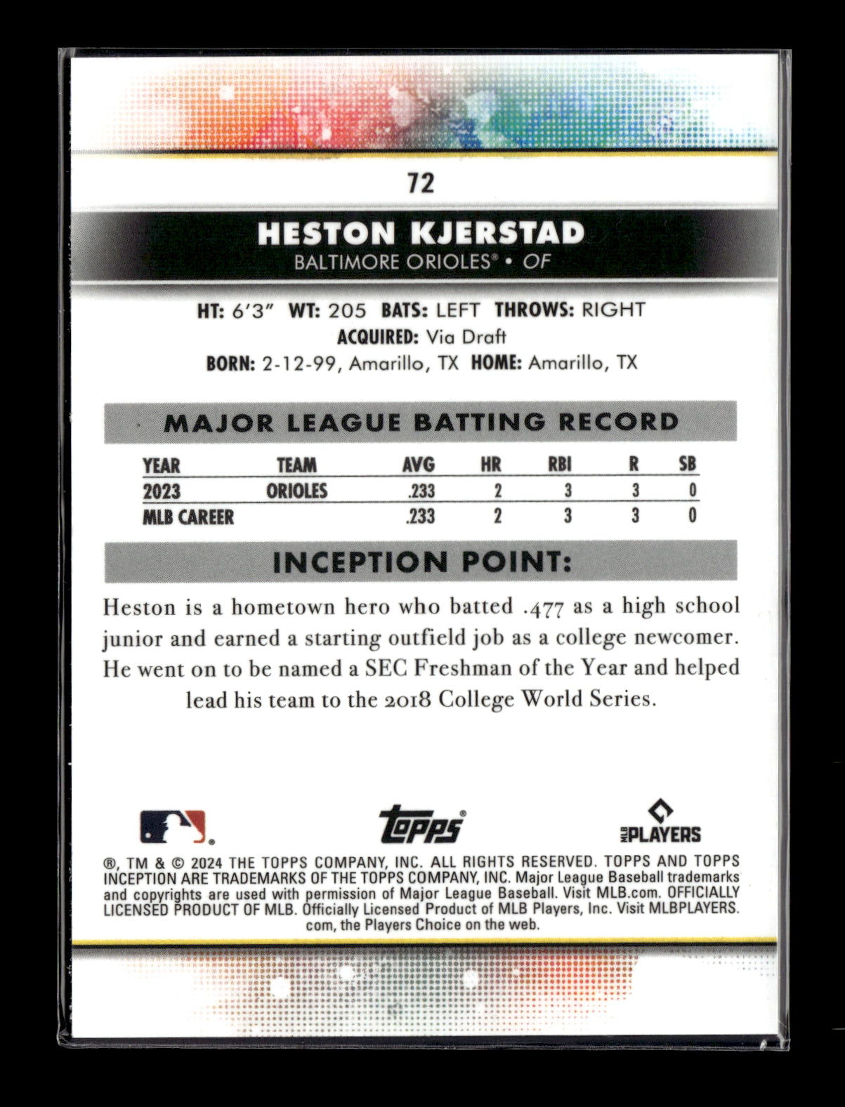 2024 Topps Inception Heston Kjerstad #72 Baltimore Orioles