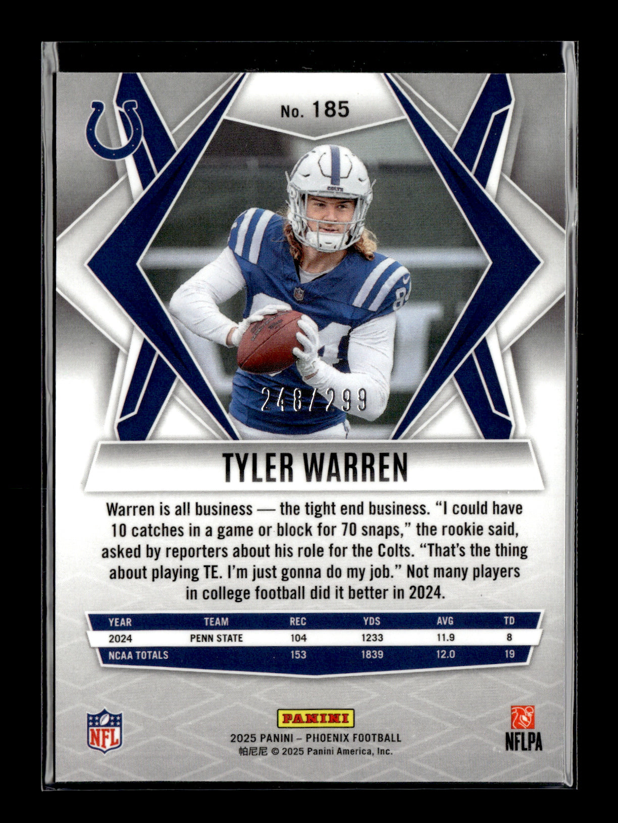 2025 Panini Phoenix Tyler Warren #185 Pink Hyper Prizm #/299 Indianapolis Colts