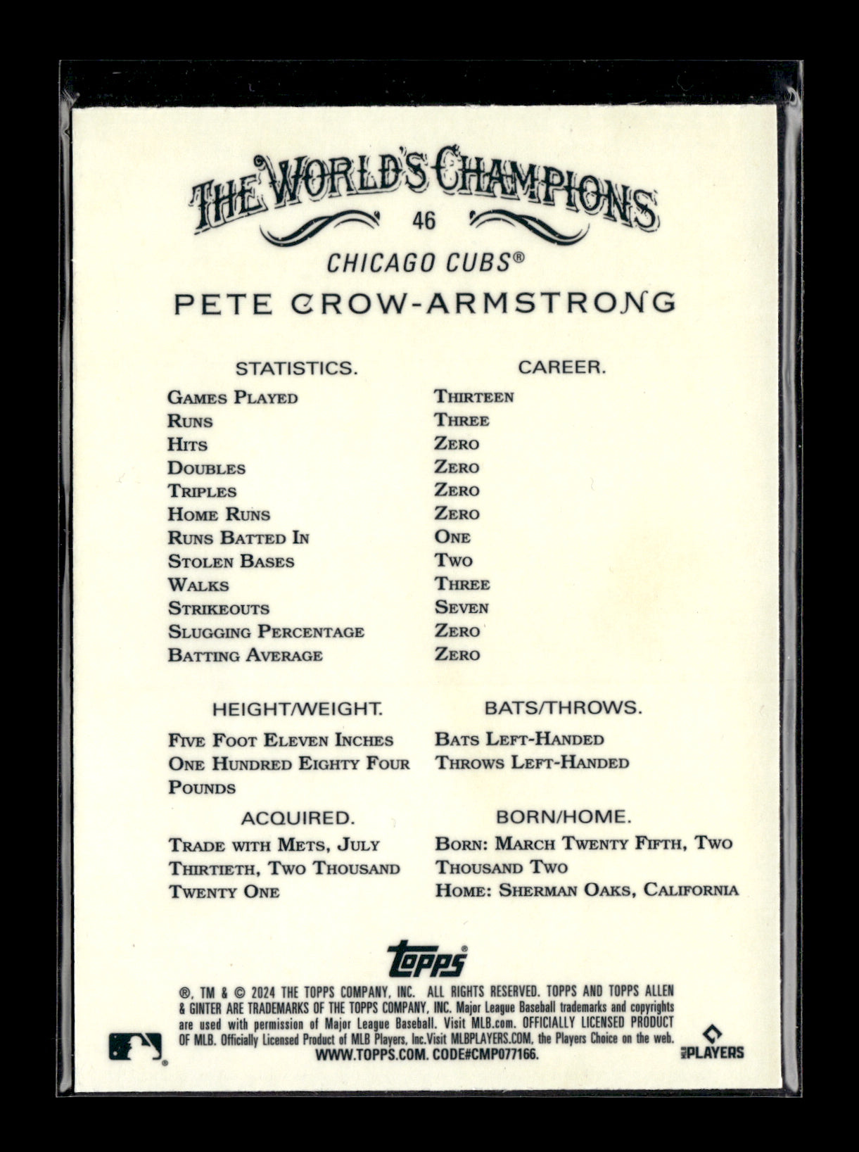 2024 Topps Allen & Ginter Pete Crow-Armstrong #46 Chrome Chicago Cubs