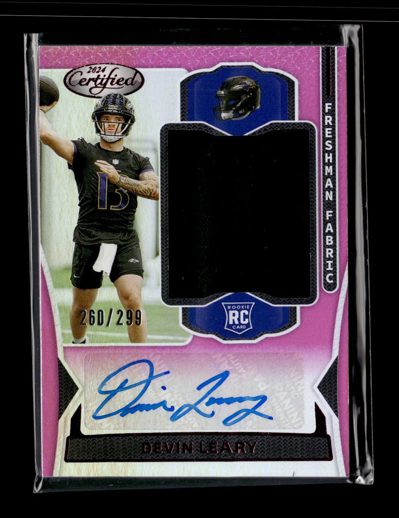 2024 Panini Certified Devin Leary #FMS-DLY Freshman Fabric Mirror Signatures Pink #/299 Baltimore Ravens