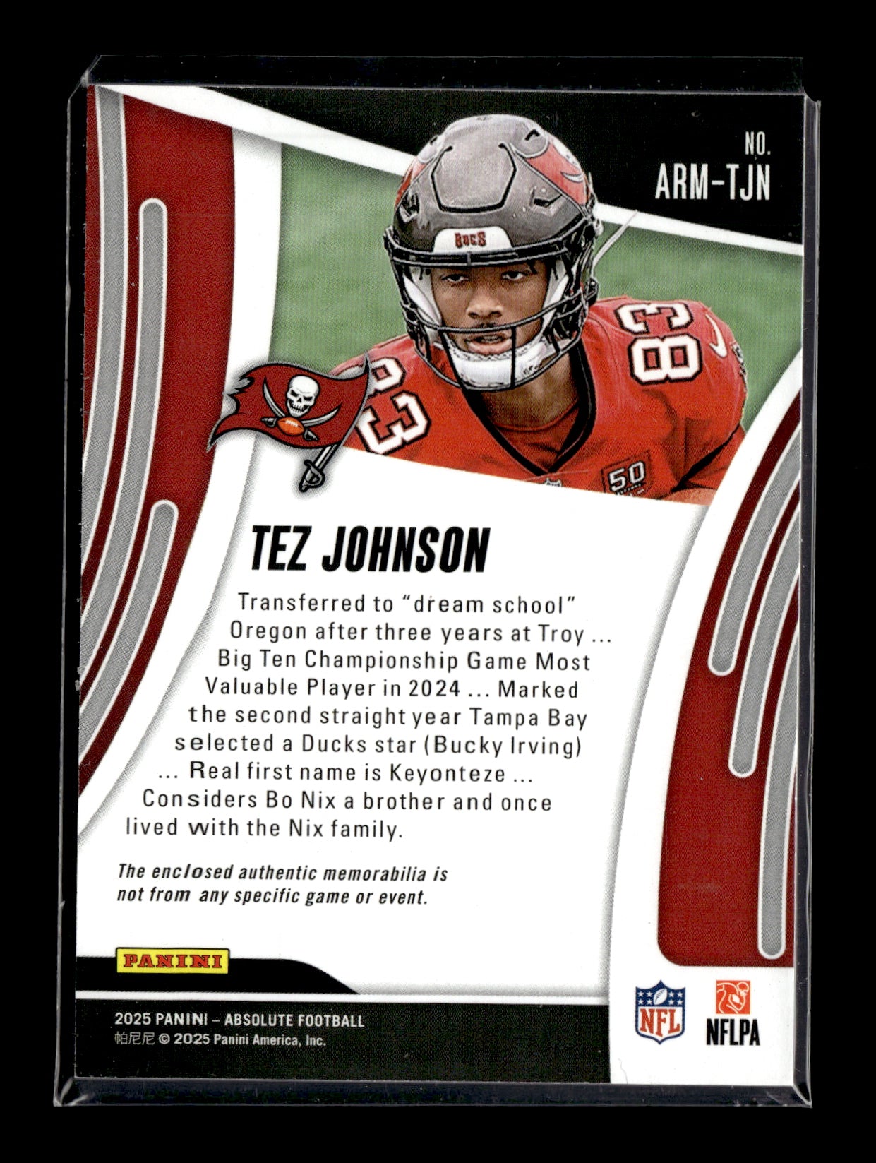2025 Panini Absolute Tez Johnson #ARM-TJN Absolute Rookie Materials Tampa Bay Buccaneers
