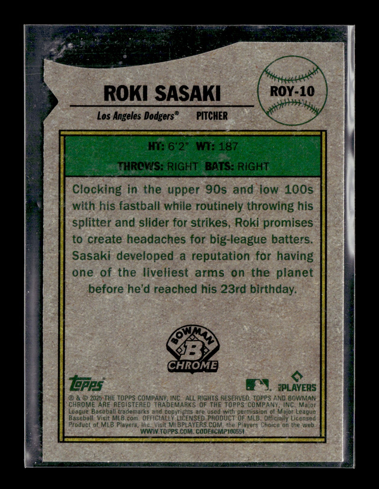 2025 Bowman Roki Sasaki #ROY-10 Rookie of the Year Favorites Los Angeles Dodgers