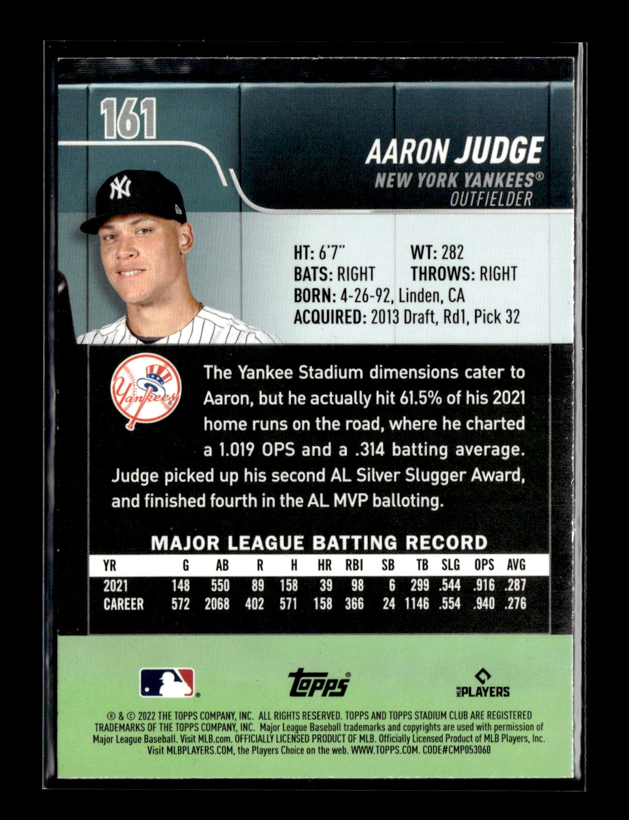 2022 Stadium Club Aaron Judge #161 New York Yankees