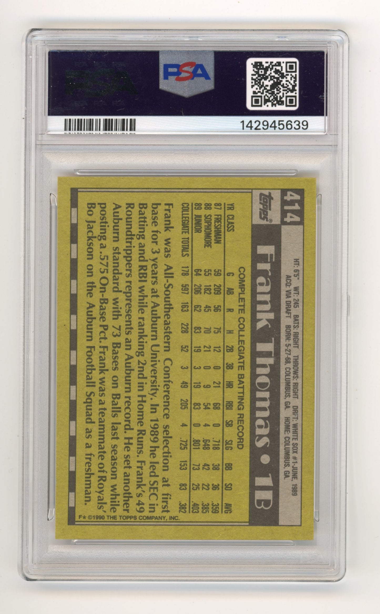 1990 Topps Frank Thomas #414 PSA 8 Chicago White Sox