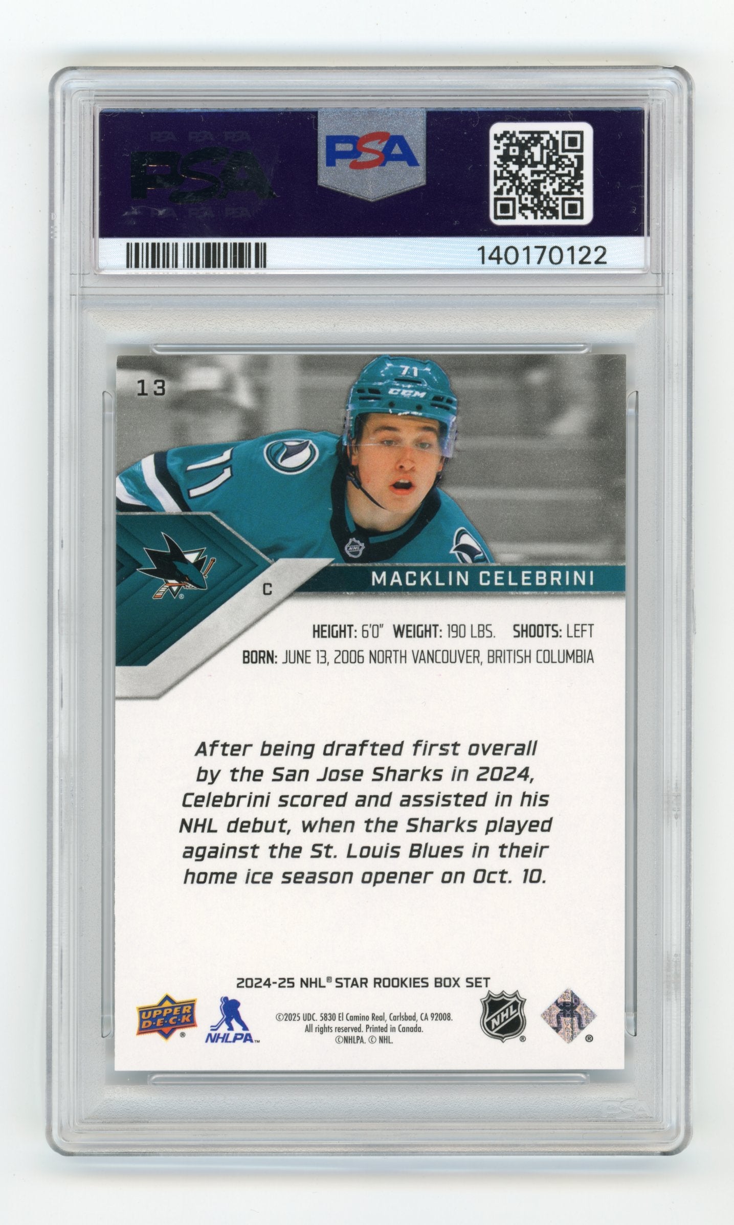 2024-25 Upper Deck NHL Star Rookies Box Set Macklin Celebrini #13 San Jose Sharks