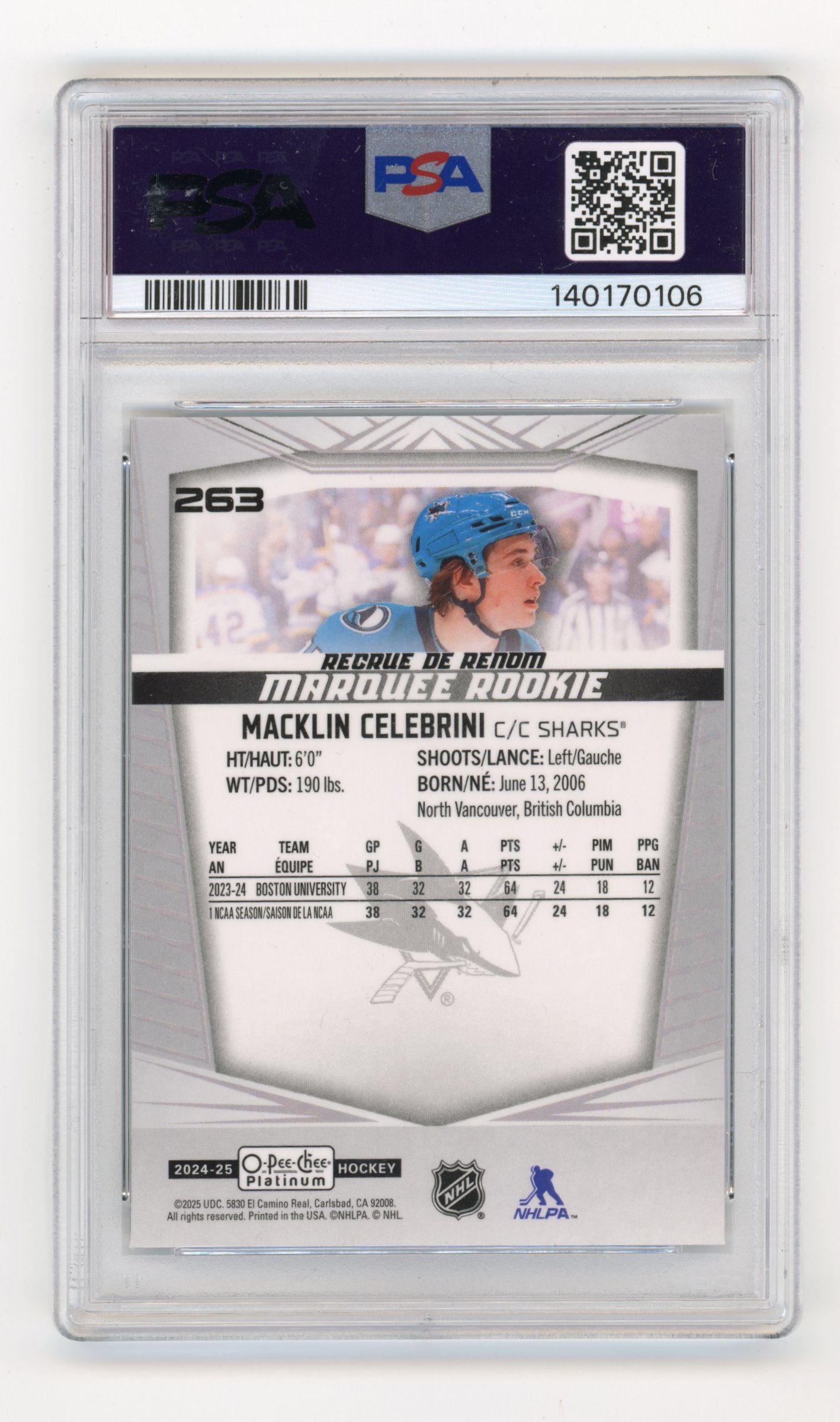 2024-25 O-Pee-Chee Platinum Macklin Celebrini #263 San Jose Sharks