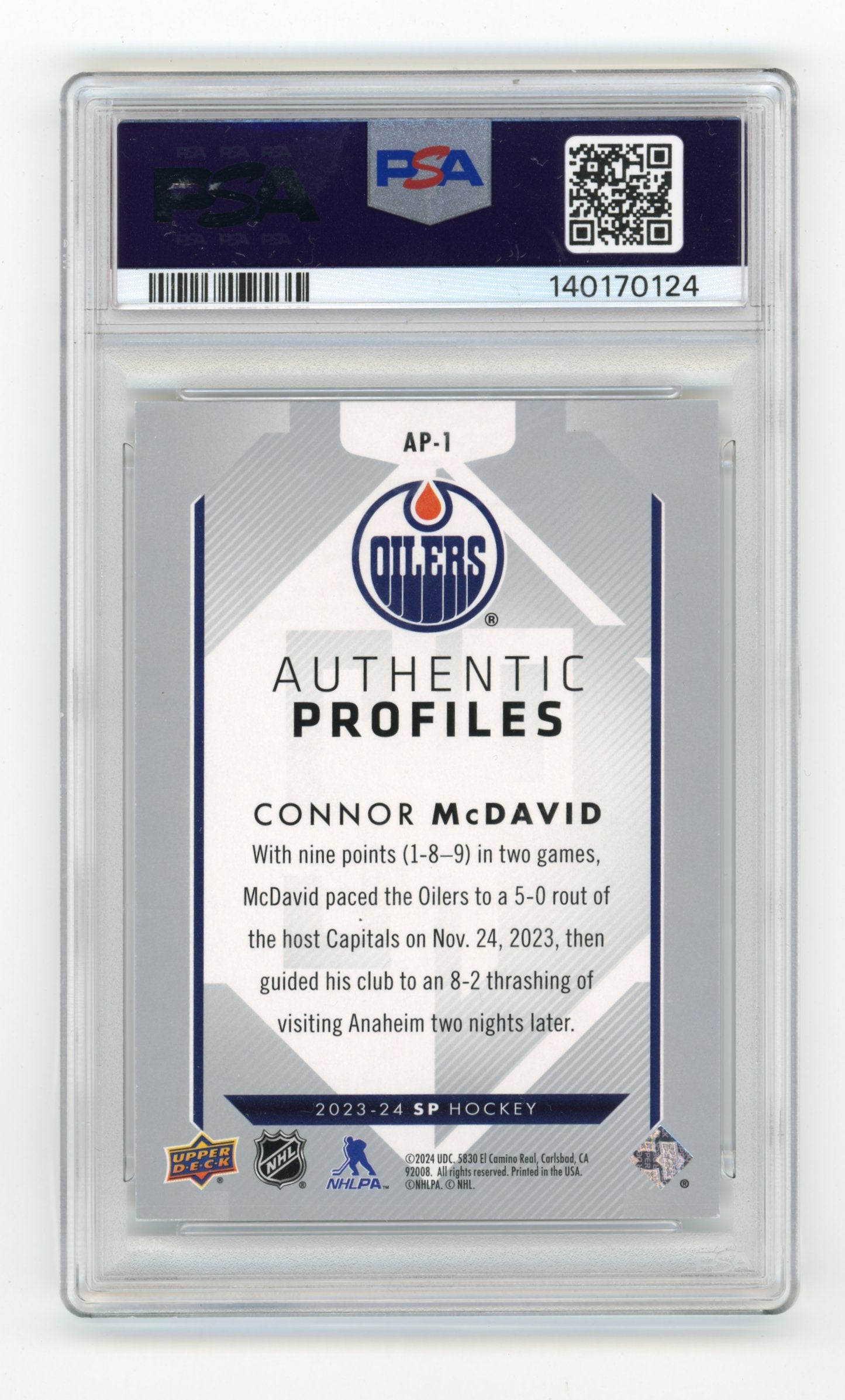 2023-24 SP Connor McDavid #AP-1 Authentic Profiles #/1299 Edmonton Oilers