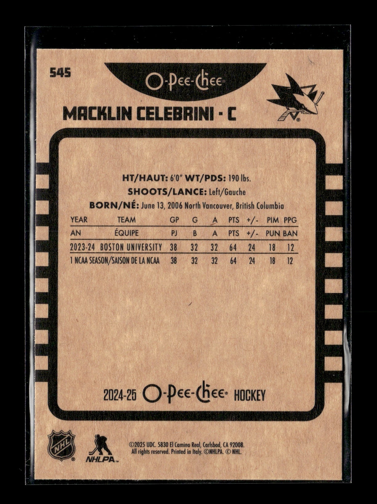 2024-25 O-Pee-Chee Macklin Celebrini #NNO Retro Blank Back San Jose Sharks