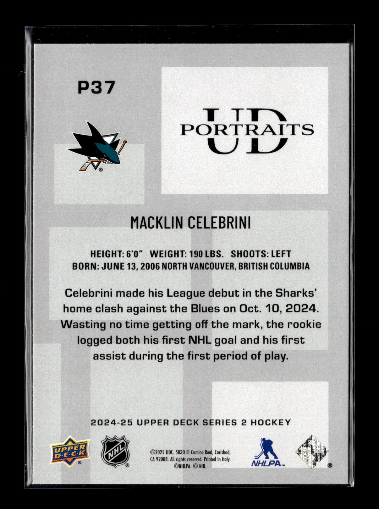 2024-25 Upper Deck Macklin Celebrini #P37 UD Portraits San Jose Sharks