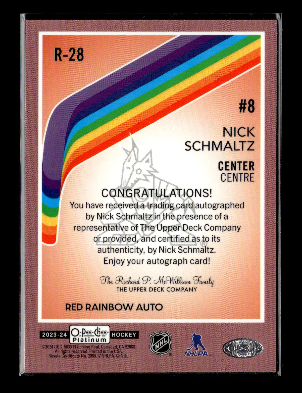 2024-25 O-Pee-Chee Platinum Nick Schmaltz #R-28 2023-24 O-Pee-Chee Platinum Update I: Retro Red Rainbow Autos Arizona Coyotes