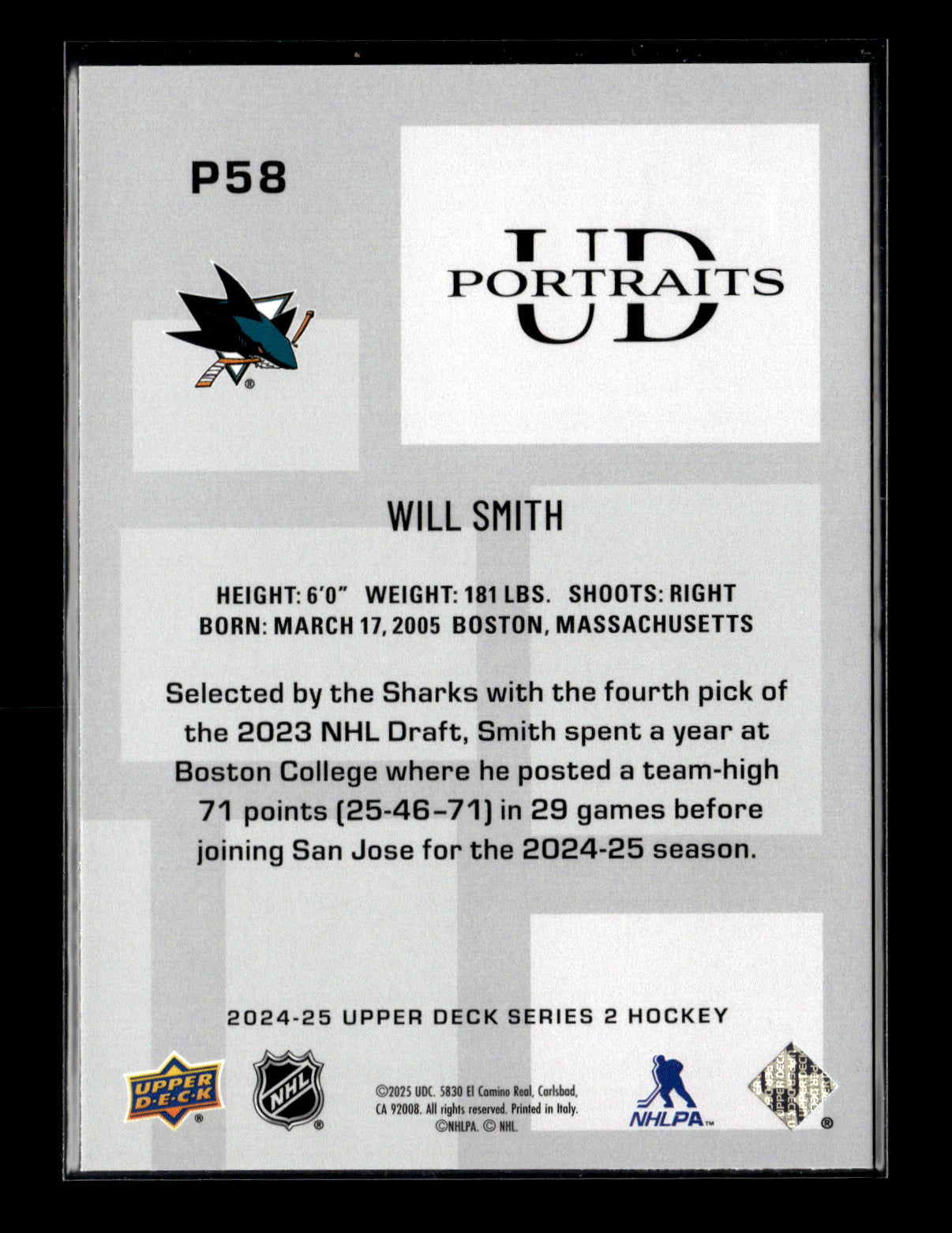 2024-25 Upper Deck Will Smith #P58 UD Portraits San Jose Sharks