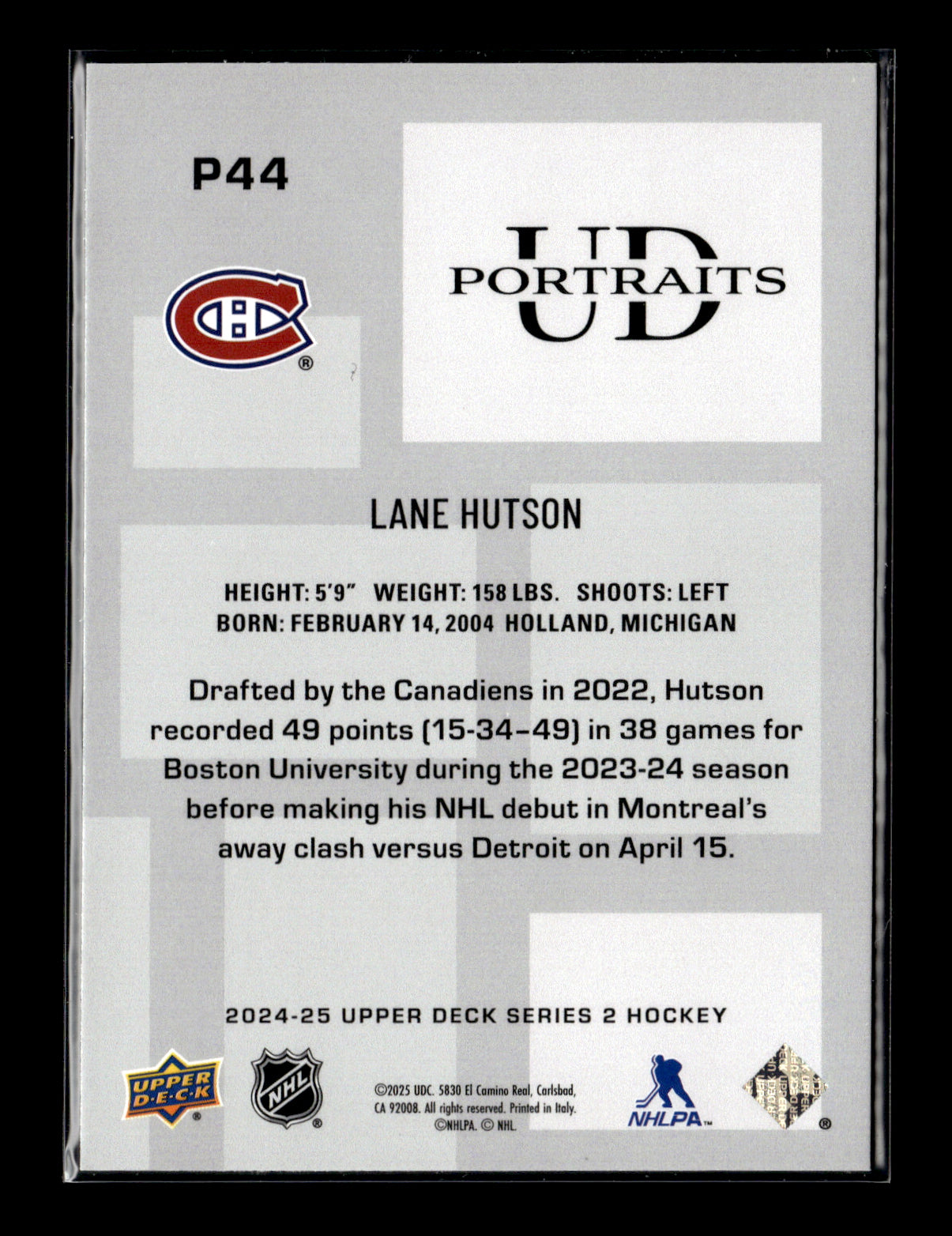 2024-25 Upper Deck Lane Hutson #P44 UD Portraits Montreal Canadiens