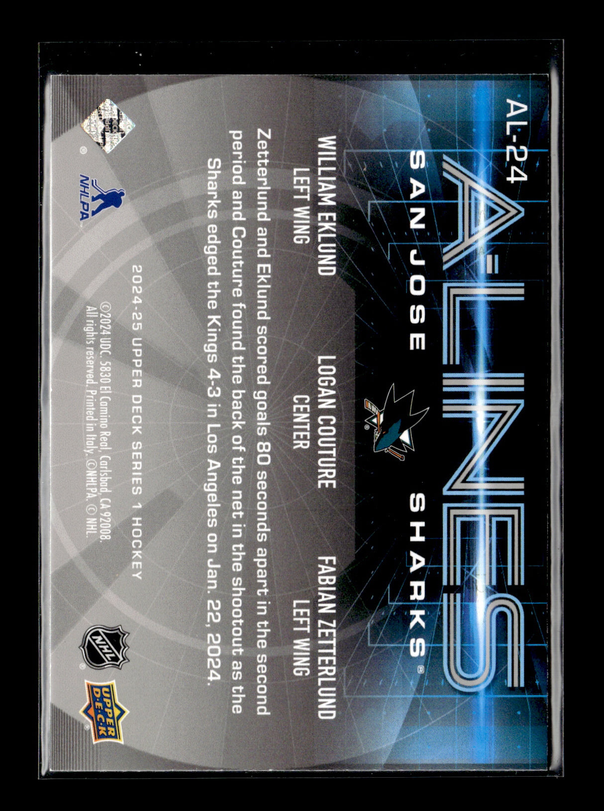 2024-25 Upper Deck William Eklund / Logan Couture / Fabian Zetterlund #AL-24 A-Lines San Jose Sharks