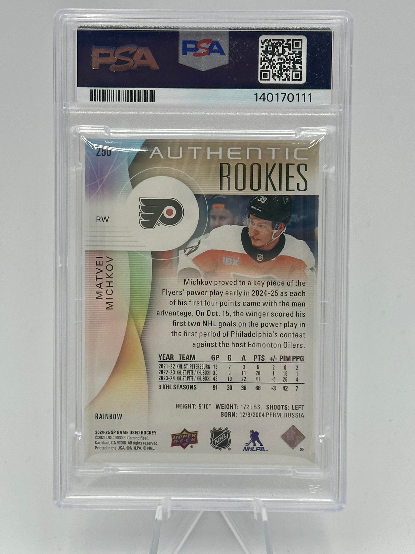 2024-25 SP Game Used Matvei Michkov #250 Rainbow #/39 Philadelphia Flyers
