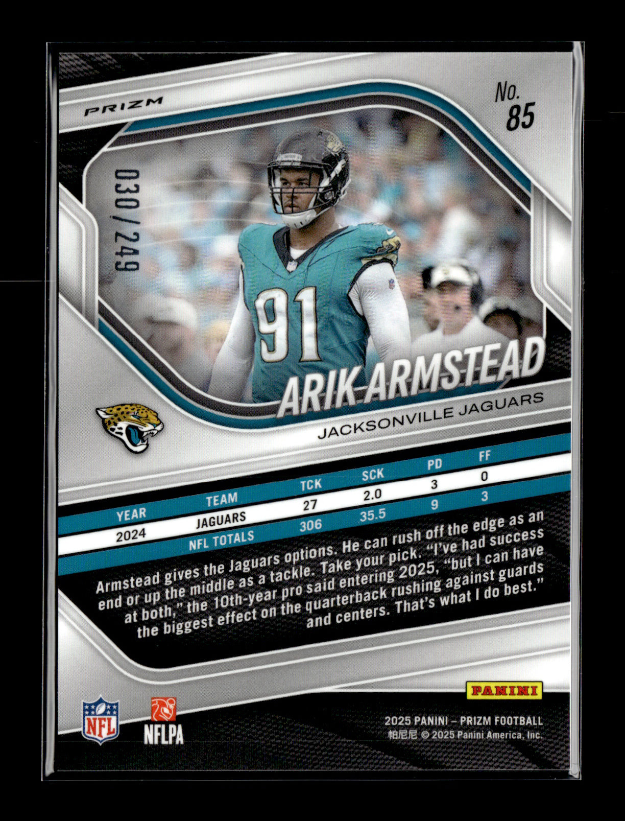 2025 Panini Prizm Arik Armstead #85 Orange #/249 Jacksonville Jaguars