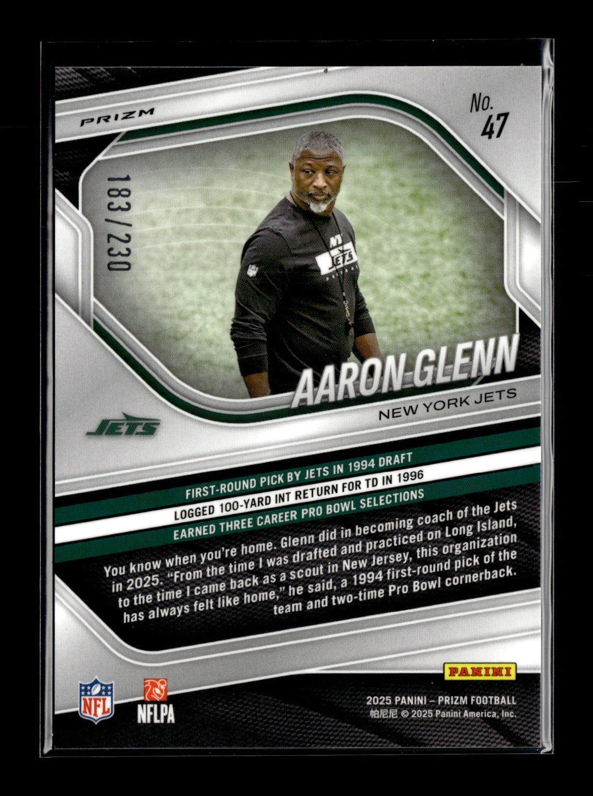 2025 Panini Prizm Aaron Glenn #47 Blue Wave #/230 New York Jets