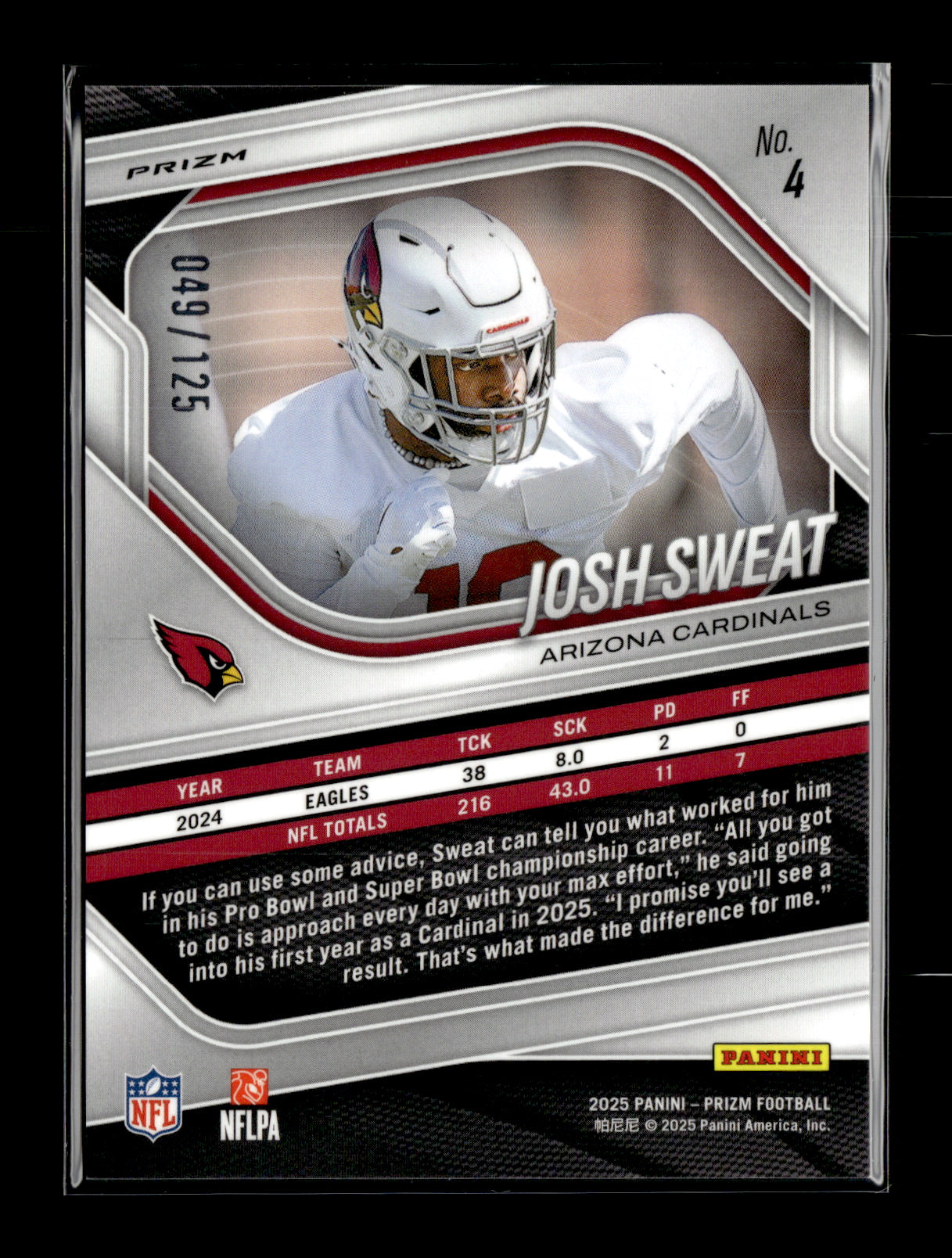 2025 Panini Prizm Josh Sweat #4 Purple #/125 Arizona Cardinals