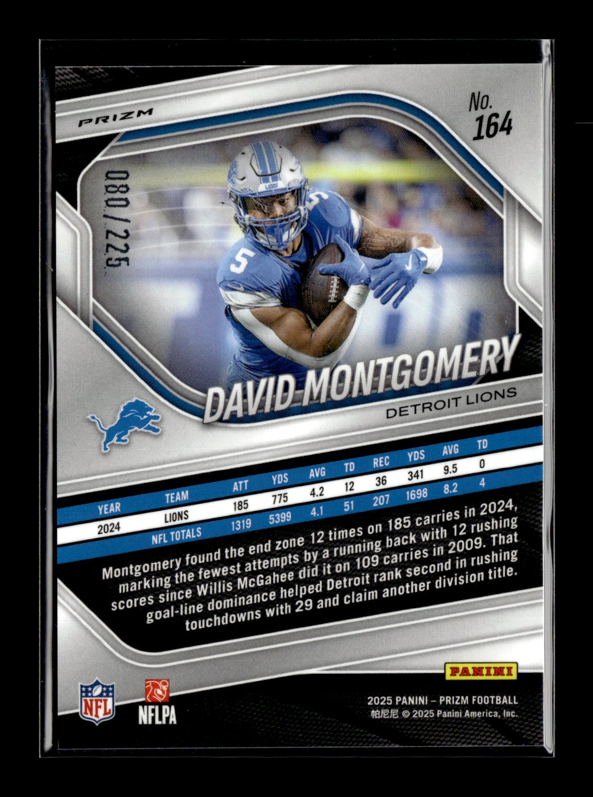 2025 Panini Prizm David Montgomery #164 Purple Ice #/225 Detroit Lions